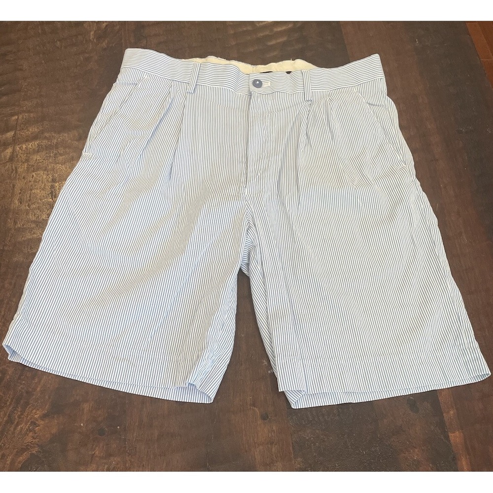 Alan‎ Flusser Golf Shorts Mens 34 Blue White Striped Pleated Front Cotton Preppy